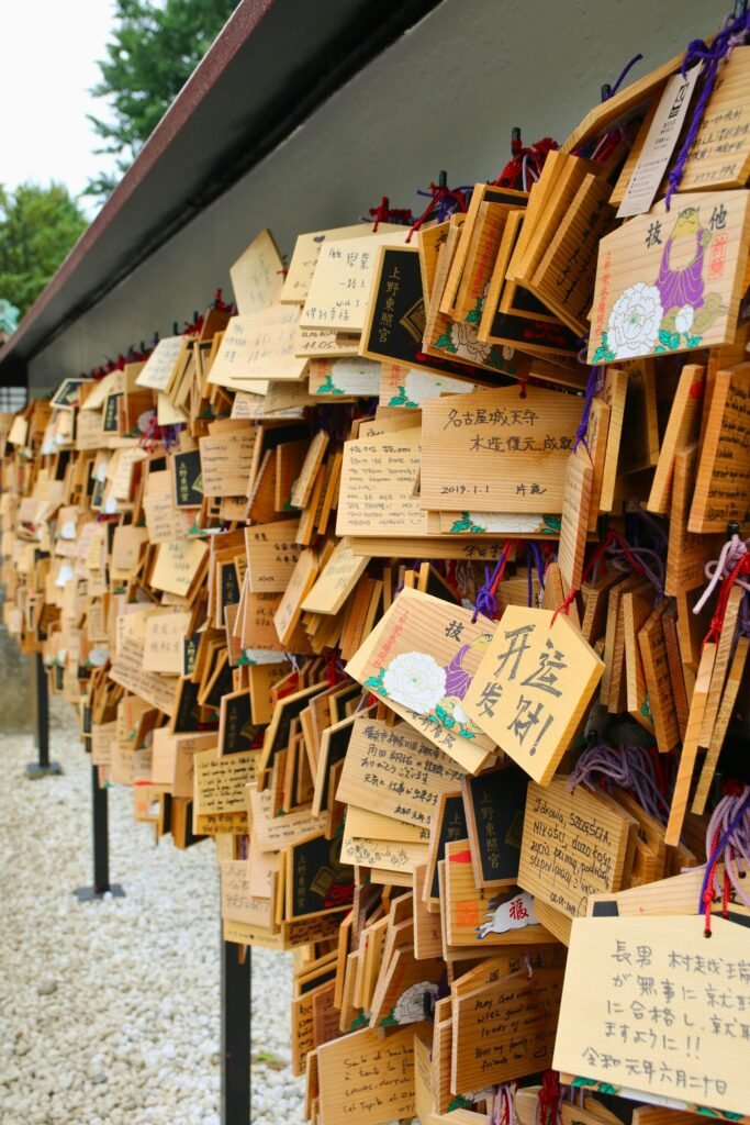Ema boards at Taito City shrine, Tokyo, where visitors write prayers and wishes.